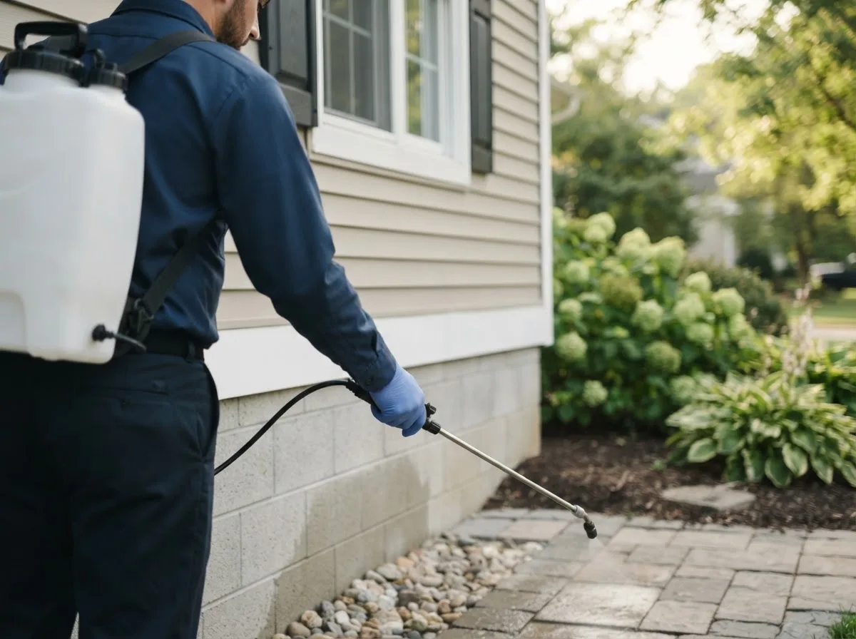 Pest control technician inspecting a home in Rippey, IA